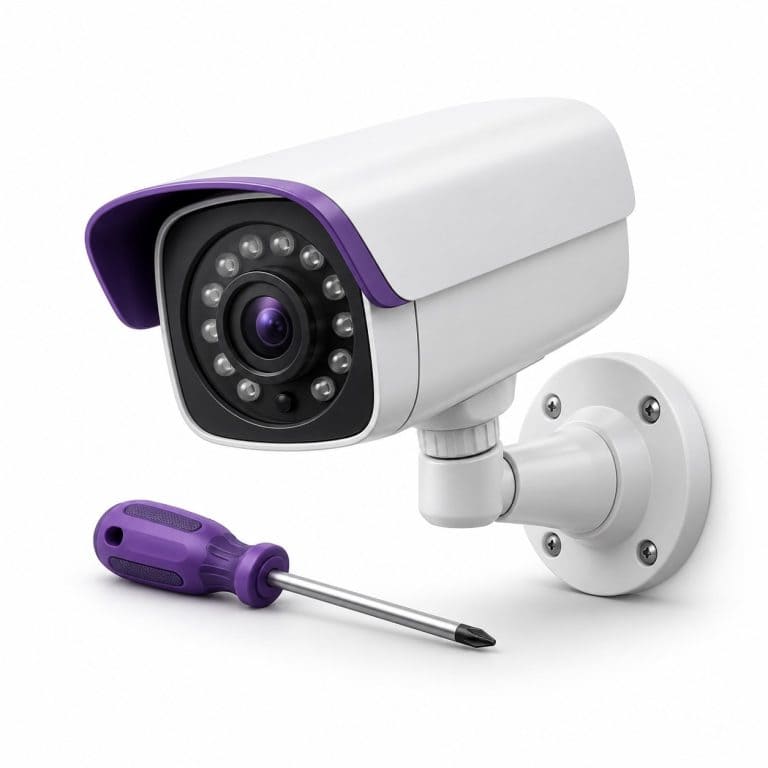 CCTV Camera Installation — white and purple 3D service illustration