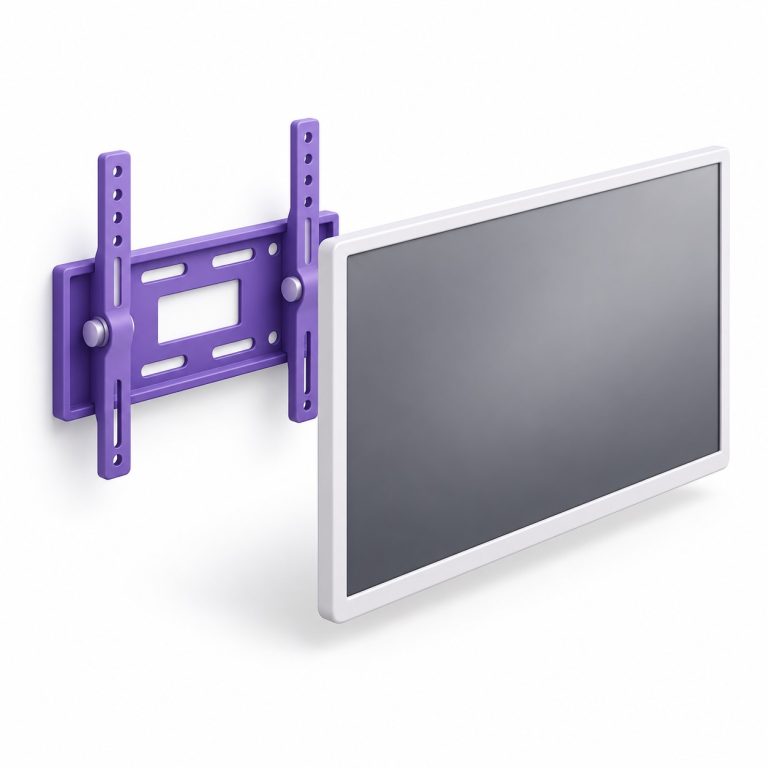 TV uninstallation — white television and purple wall mounting bracket