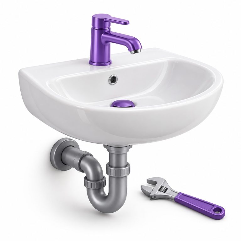 Wash Basin Leakage Repair — white and purple 3D illustration