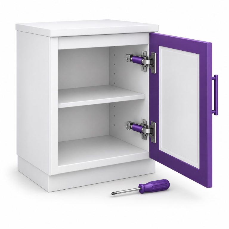 Cabinet hydraulic repair — white cabinet with purple accents and lifting mechanism