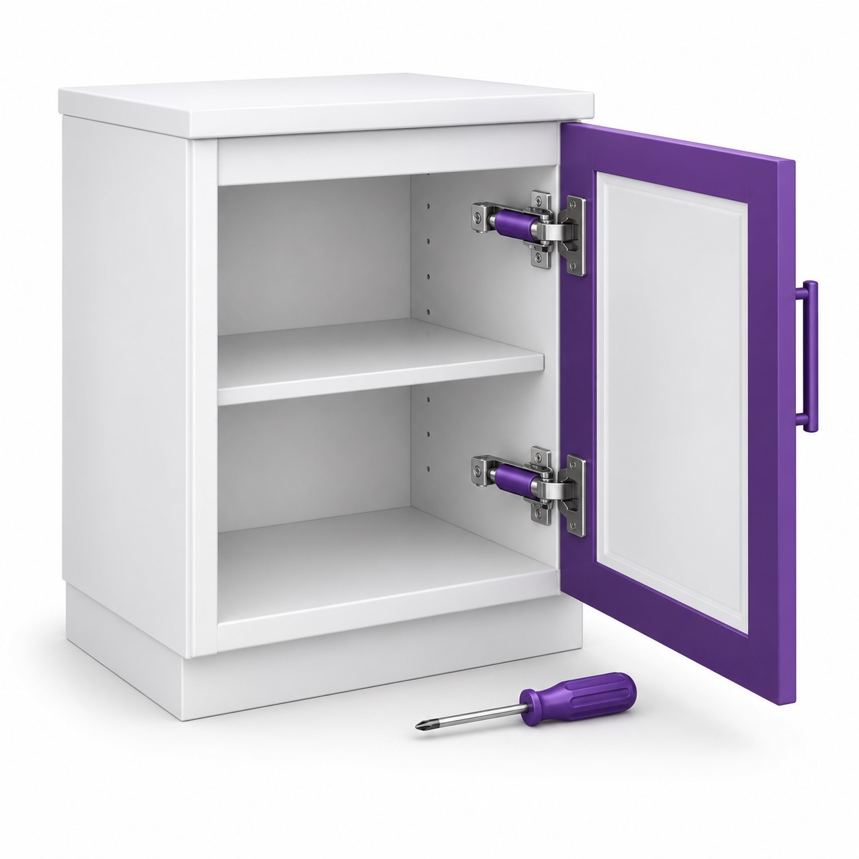 silverleaf-service-4145 Cabinet hydraulic repair — white cabinet with purple accents and lifting mechanism