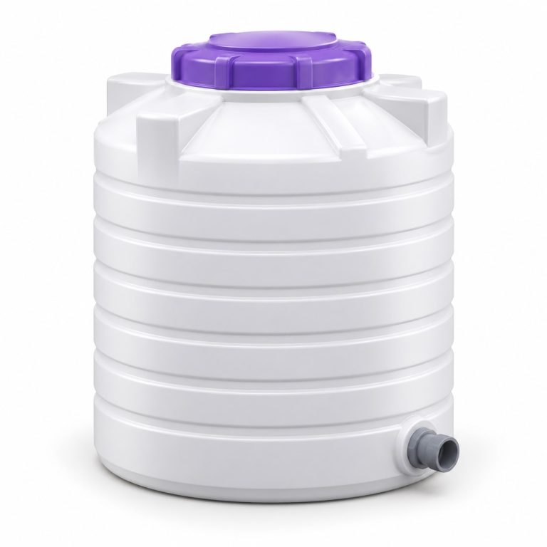 Overhead water tank installation — white tank with purple lid
