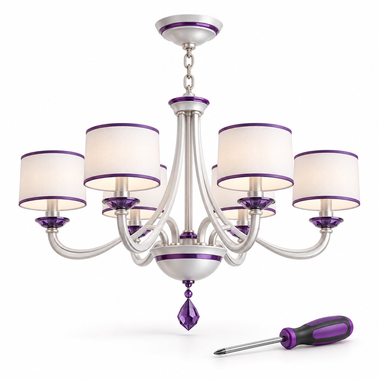 silverleaf-service-4359 Chandelier Installation — white and purple 3D illustration