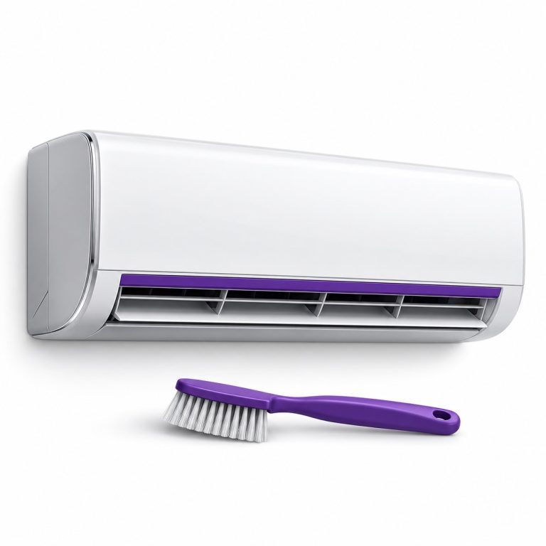 White split air conditioner with purple trim and a maintenance brush — AC service